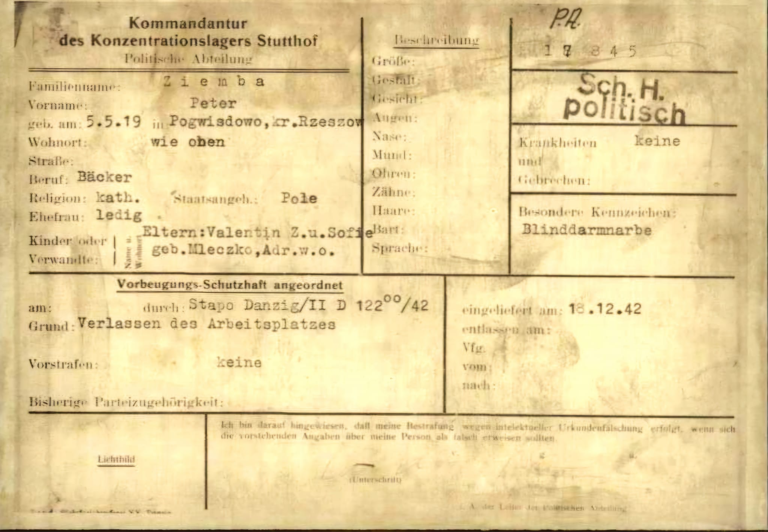 Karta ewidencyjna Piotra Zięby z KL Stutthof z dnia 18 grudnia 1942 roku