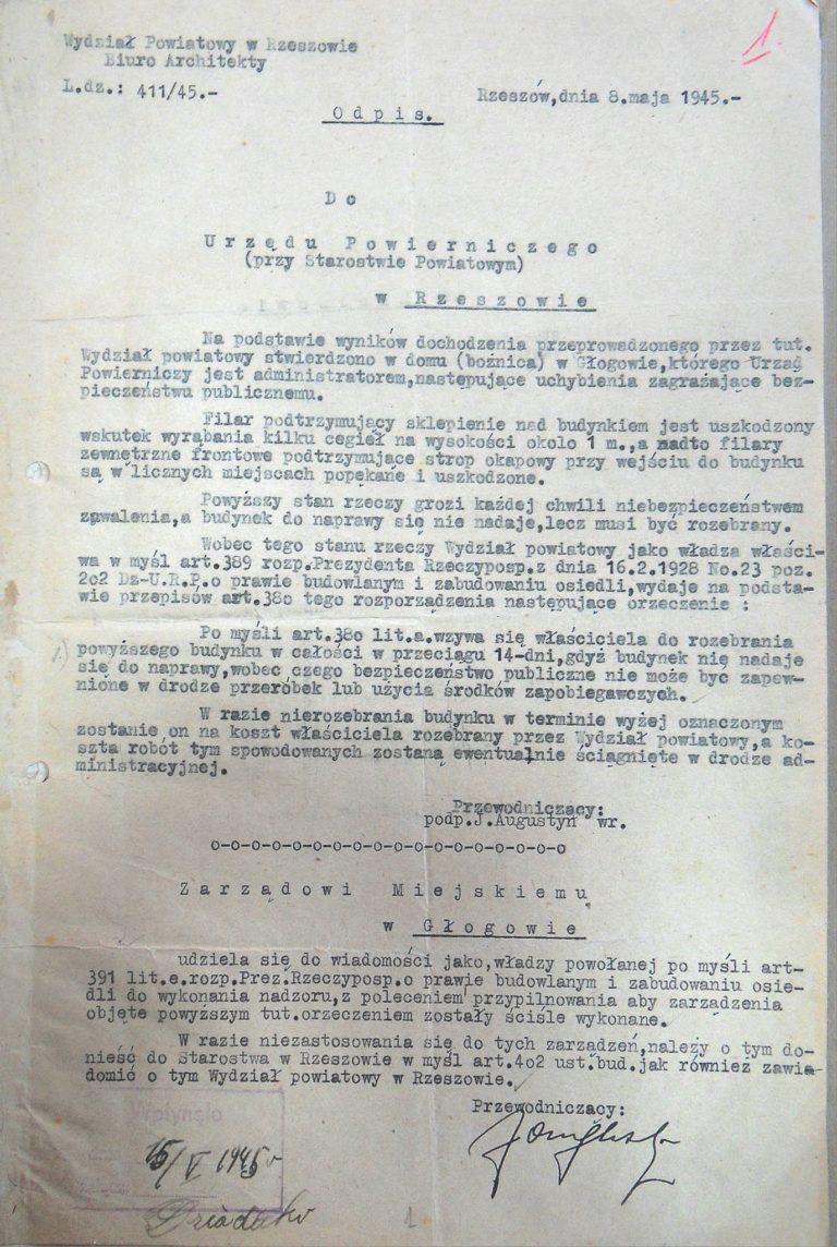 Skany oryginalnych dokumentów z Archiwum Państwowego w Rzeszowie dotyczące rozbiórki synagogi w Głogowie :